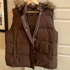 Gap down vest with faux-fur lined hood